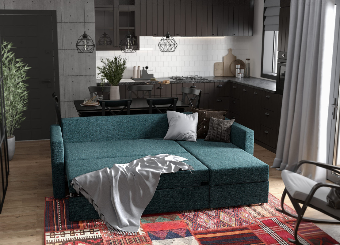 Диван угловой трехместный Вало с коротким подлокотником, сине-зелёный, ткань рогожка — изображение 4